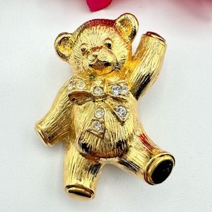 Vintage Avon Waving Teddy Bear Rhinestone Bow Gold Tone